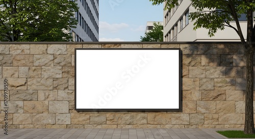 Advertising Billboard Displayed on a Stone Wall Blank Space for Advertisements to Boost Sales and Promotion Strategies