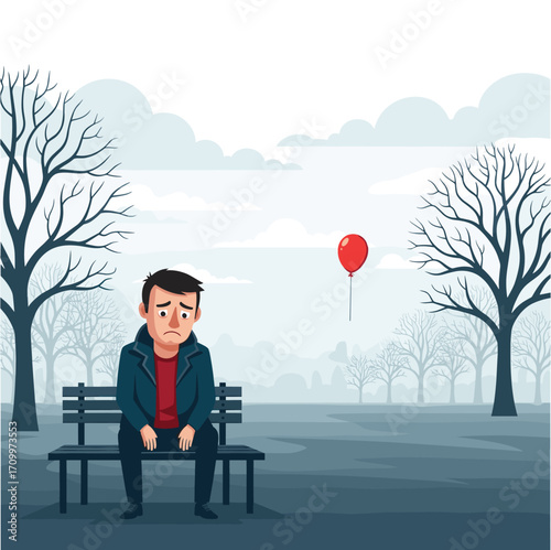 Sad man on bench losing red balloon