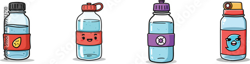Four distinct glass bottles with colorful labels showcase refreshing beverages perfect for hydration and refreshment vector