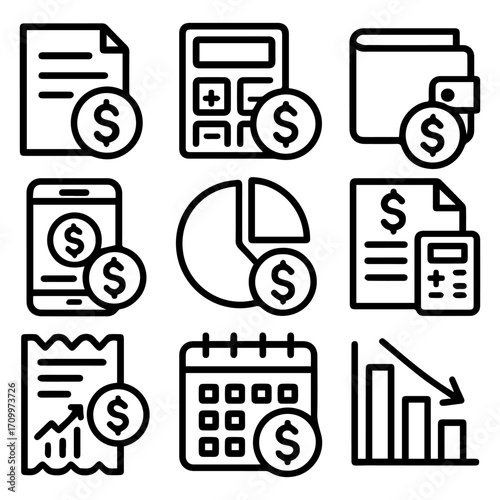 Financial Icons Set Document Calculator Wallet Phone Chart Calendar and Graph.