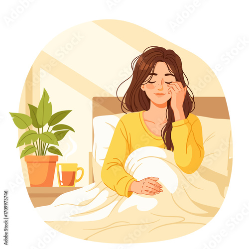 Young woman waking up in bed in the morning