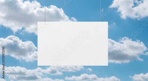 Blank white advertising billboard hanging against a bright blue sky with fluffy clouds, an ideal mockup for a summer sale or promotional message
