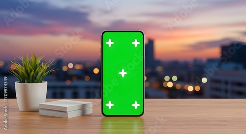 Smartphone with Green Screen Display on Wooden Table in Urban Setting at Sunset, perfect for sales demonstrations