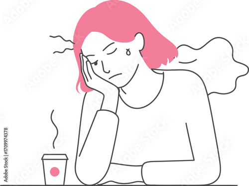 Woman feeling stressed and tired with coffee cup, needing a break from work or study