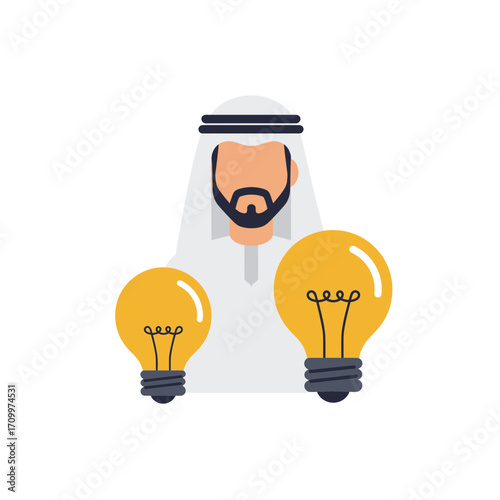 Arab man with beard wearing traditional clothing, standing behind two glowing lightbulbs, symbolizing ideas.