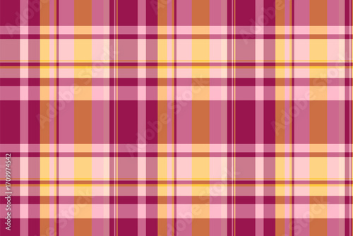 Motif vector pattern texture, picture fabric textile plaid. Front tartan check background seamless in pink and orange colors.