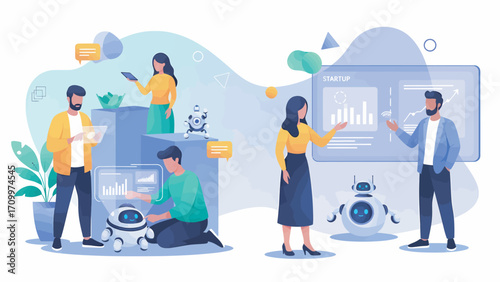Team collaborates on innovative robot project in modern office, developing advanced AI technology with enthusiasm and focus.