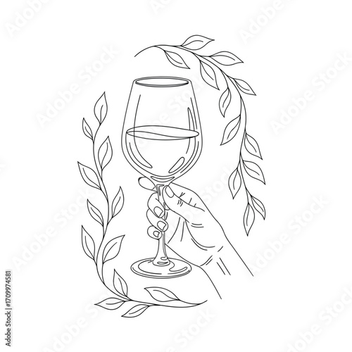 Vector art of elegant line art of a hand holding a wine glass surrounded by leaves, , perfect for sophisticated designs