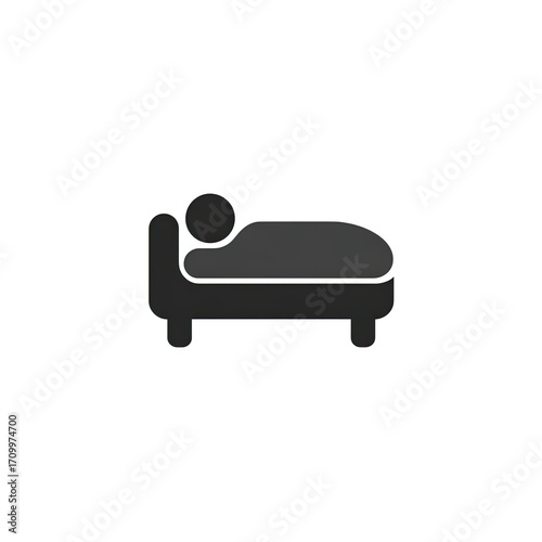 Simple icon of a person sleeping in a bed.  A stylized silhouette of a person lying in a bed.  Dark gray/black colors.  Flat design