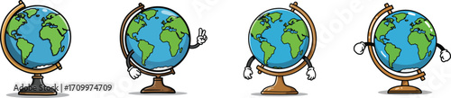 Four artistic depictions of a globe displaying earths continents and oceans with various angles and artistic styles for diverse global concepts vector