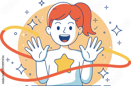 Excited young woman with open hands and beaming smile, celebrating success with vibrant flair