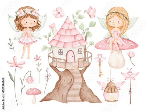 Watercolor Illustration Set of Pink Flower Fairy and Floral Elements