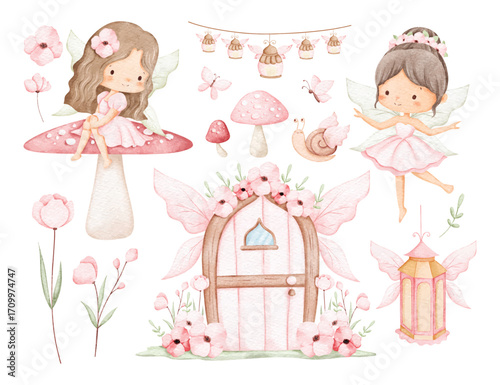 Watercolor Illustration Set of Pink Flower Fairy and Floral Elements