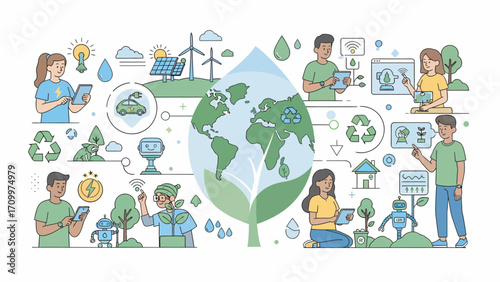 People interact with sustainable technology and green energy solutions for a healthier planet and ecofriendly future, showcasing environmental awareness and innovation.