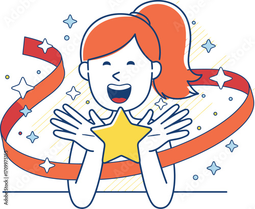 Excited woman celebrates achievement holding glowing star with confetti and ribbon, pure joy!
