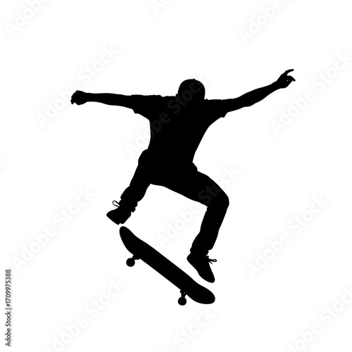 Skateboarder performing a trick silhouette isolated on white background