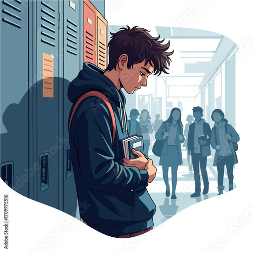Sad young man by school lockers