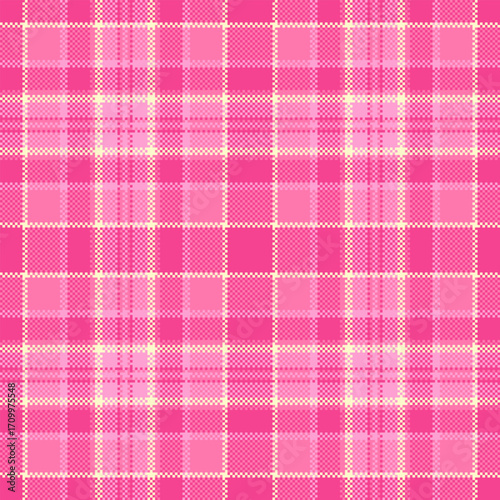 A vibrant, pixelated plaid pattern in varying shades of pink. Suggests a retro or 8bit aesthetic, suitable for textiles, backgrounds, and digital art. Festive and cheerful.
