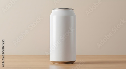 Sleek, unbranded white aluminum can standing on a wooden surface, offering a clean template for product packaging design, marketing campaigns, and successful sales promotions