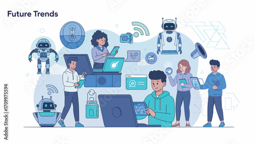 Group of young professionals collaborating on future trends using laptops and tablets in a modern office, showcasing teamwork and innovation.