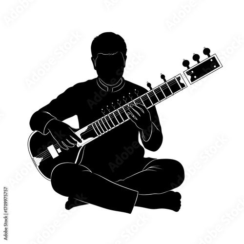 Man playing sitar silhouette isolated on white background
