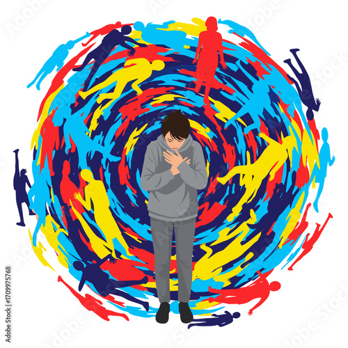 Isolated person surrounded by colorful silhouettes