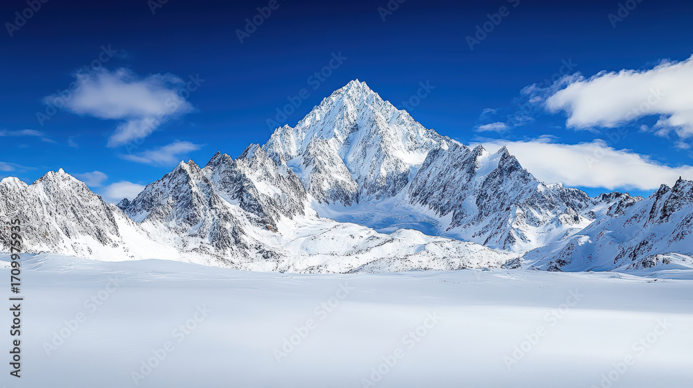 Obraz premium Majestic mountain landscape with snowy peaks clear blue sky, evoking sense of tranquility
