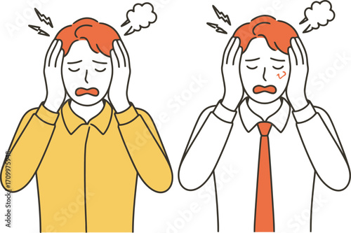 Two stressed men clutching heads in pain, steam and lightning symbols indicating mental anguish and overwhelm