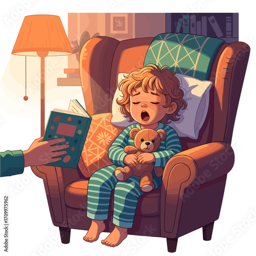 Sleepy child yawning during bedtime story