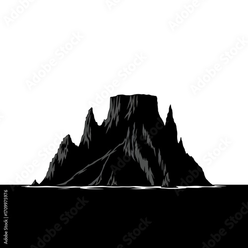 Jagged mountain range silhouette isolated on white background