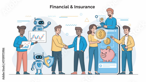 Business people shaking hands while robots analyze financial data for insurance and investment in a modern office environment, showcasing collaboration and innovation.