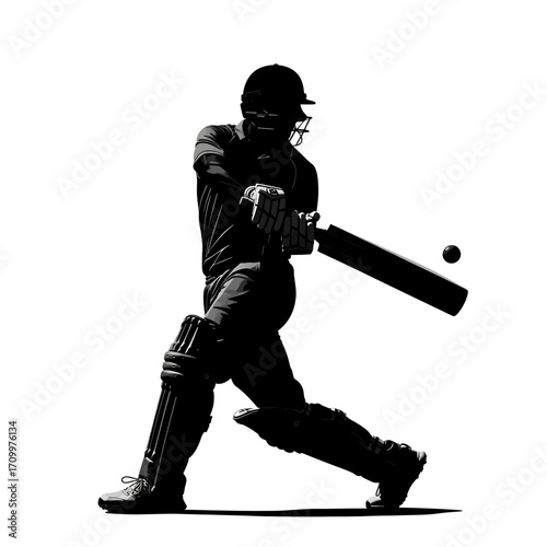 Cricket batsman hitting ball silhouette isolated on white background