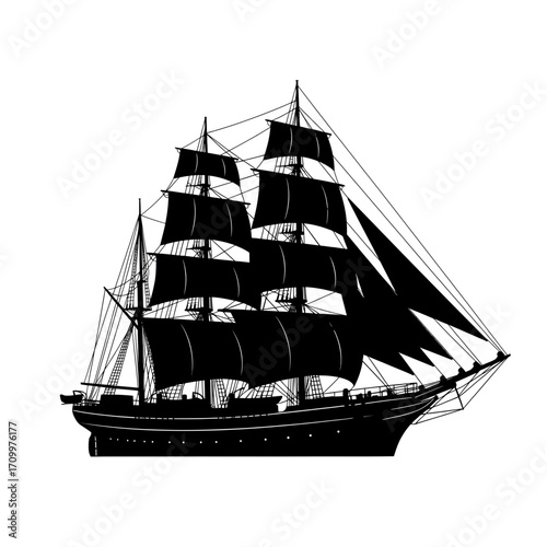 Black silhouette of a tall ship sailing with full sails isolated on white background