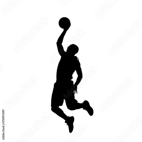 Basketball player jumping to shoot silhouette isolated on white background
