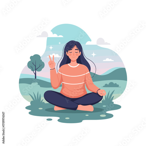 Woman meditating outdoors making peace sign