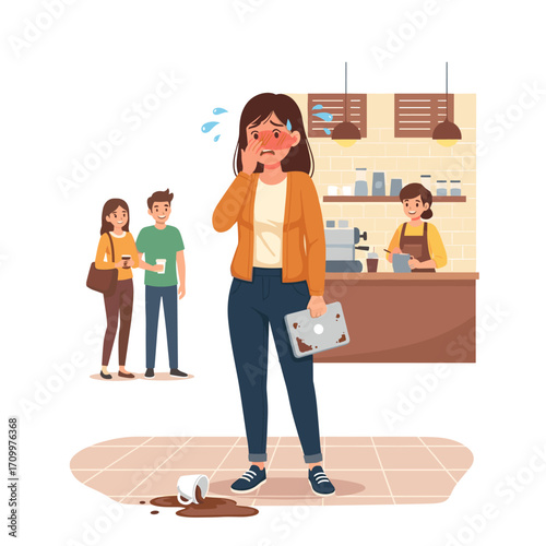 Woman spilling coffee on floor and laptop in cafe