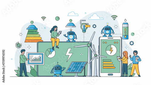 People interact with renewable energy sources and digital devices in a sustainable smart city environment, promoting ecofriendly technology and a green future.