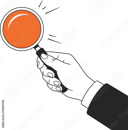 Professional hand holds magnifying glass for detailed inspection, discovery, or research