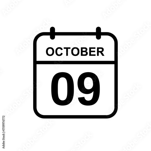 Calendar with October 09 date isolated on transparent background