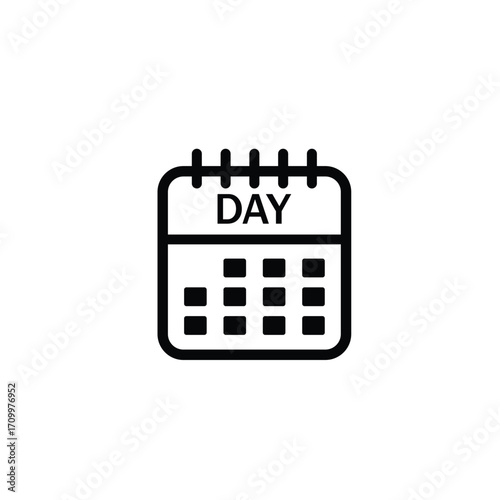 A minimalist black and white line art icon depicting a calendar page. The word 'DAY' is prominently displayed at the top.