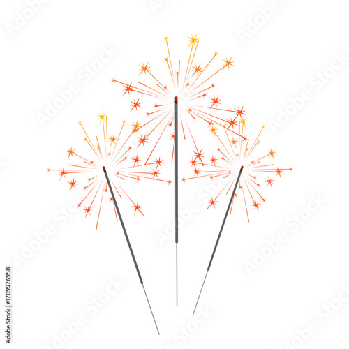A vector illustration of three multicolored sparklers with bright orange and yellow sparks. Perfect for holidays and special occasions.
