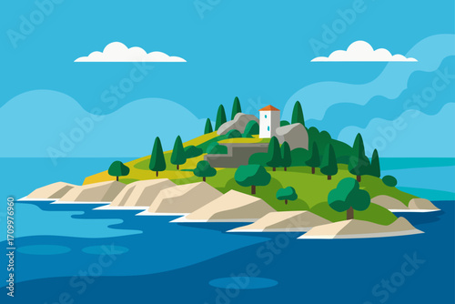 Idyllic island landscape with a white tower and trees overlooking the ocean