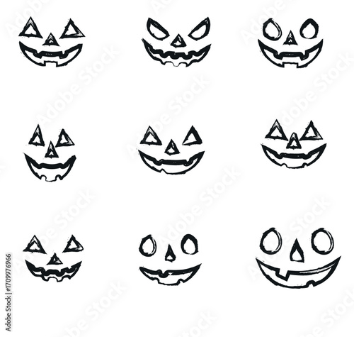 Set of Halloween scary pumpkins cut silhouettes icons set hand drawn Vector illustration trick or treat party elements for Halloween decorations, invitations and holiday decorations.