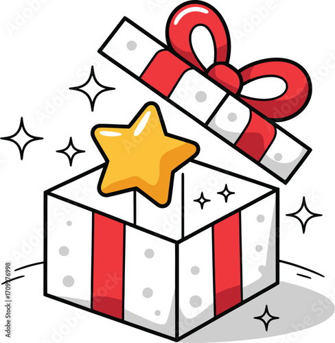 Exciting surprise gift box opens to reveal a shining golden star and festive sparkles