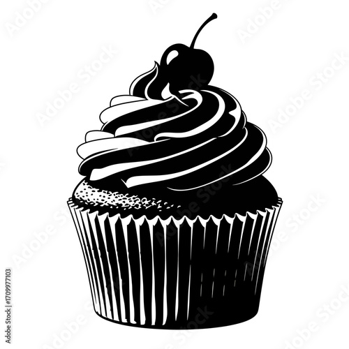 Black and white cupcake with cherry silhouette isolated on white background
