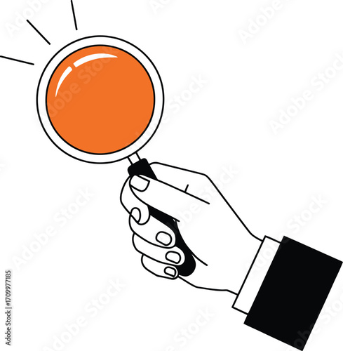 Professional hand holding magnifying glass, symbolizing search, discovery, and analysis for business insights