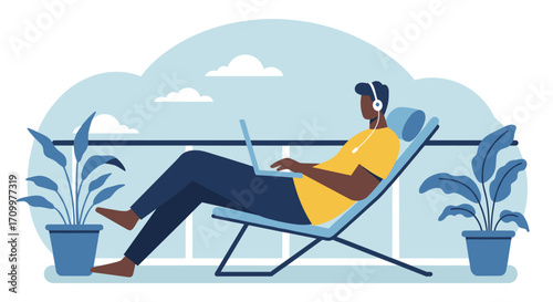 Illustrated Black woman in headphones working on a laptop, embodying remote work, digital lifestyle, and focused productivity.
