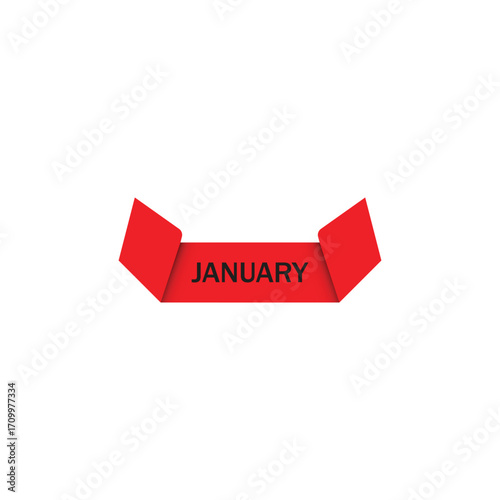 A bright red paper calendar page, folded in the middle, displays the word JANUARY in black text. The sides are angled upwards.