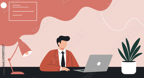 Professional businessman working diligently on a laptop at his desk in a modern office, representing productivity, remote work, and online business solutions.