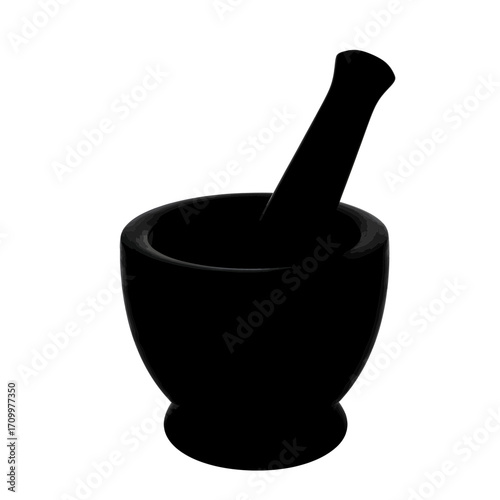 Black mortar and pestle silhouette isolated on white background